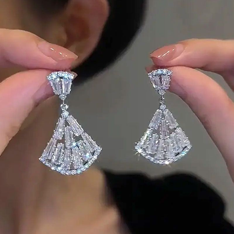 Zircon Fan-shaped Rhinestone Earrings with Geometric Patterns