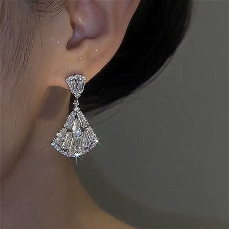 Zircon Fan-shaped Rhinestone Earrings with Geometric Patterns