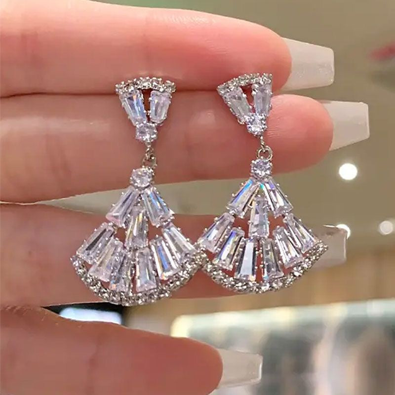 Zircon Fan-shaped Rhinestone Earrings with Geometric Patterns