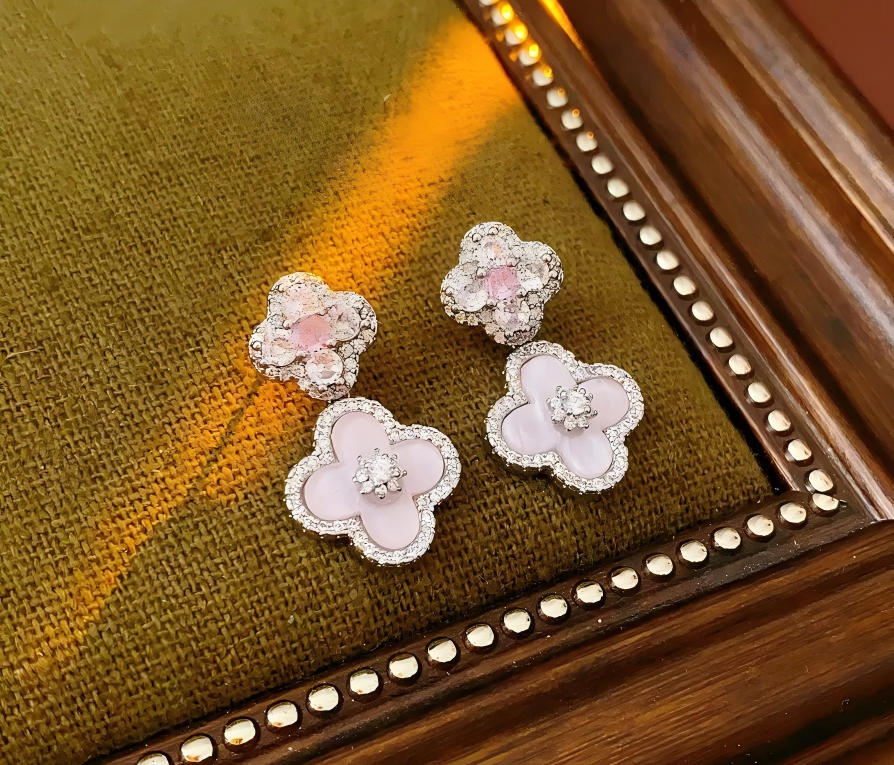 Zircon and Mother-of-Pearl Flower Pendant Earrings: Fashionable, Sweet & Office-Ready Earrings