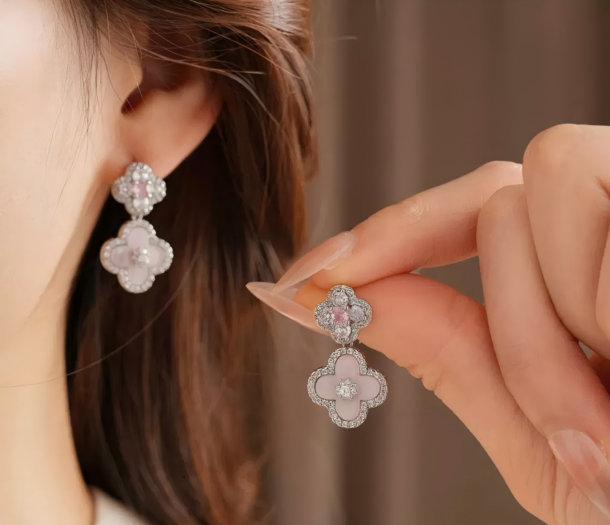 Zircon and Mother-of-Pearl Flower Pendant Earrings: Fashionable, Sweet & Office-Ready Earrings