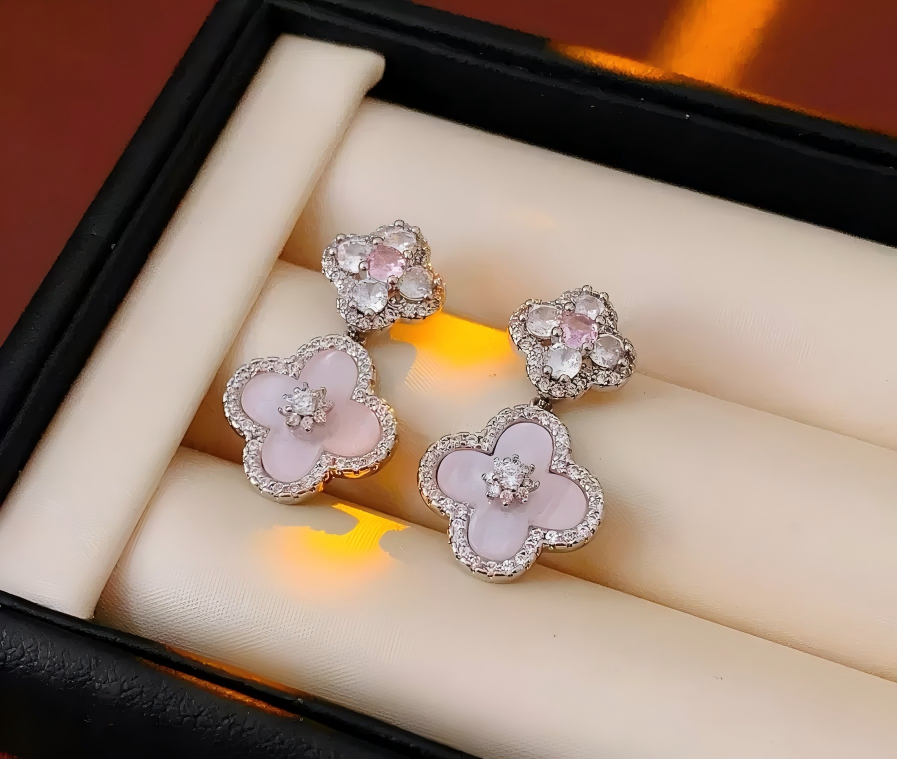 Zircon and Mother-of-Pearl Flower Pendant Earrings: Fashionable, Sweet & Office-Ready Earrings