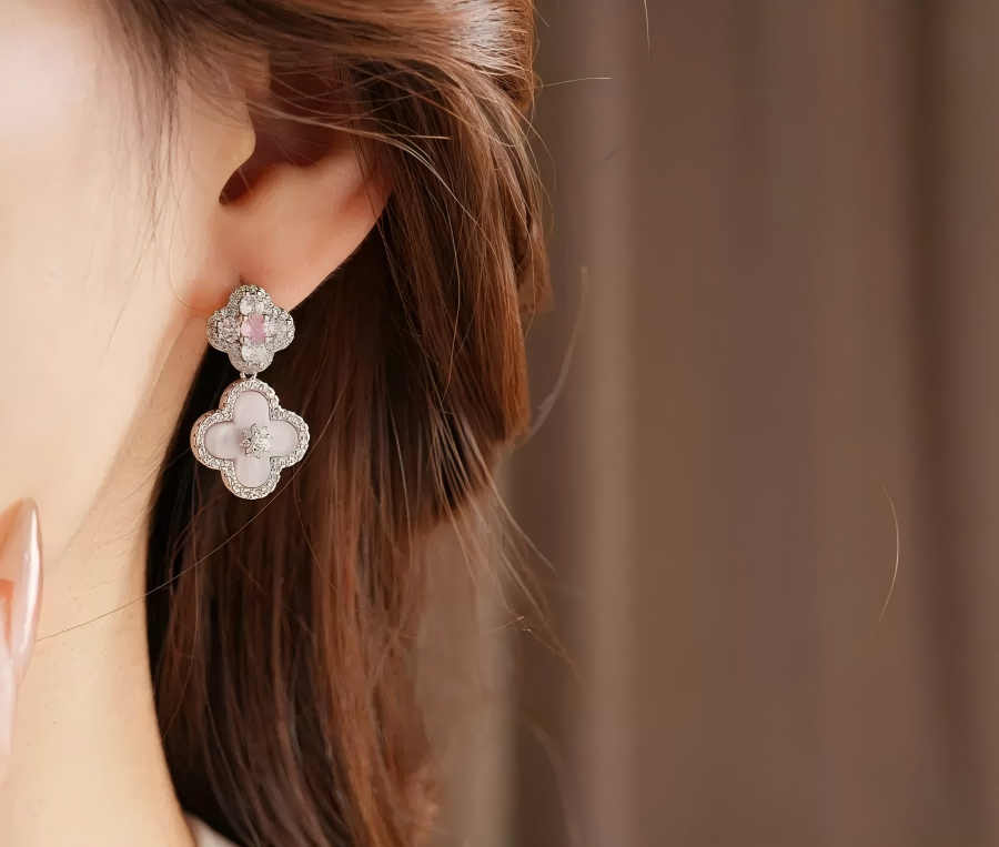 Zircon and Mother-of-Pearl Flower Pendant Earrings: Fashionable, Sweet & Office-Ready Earrings