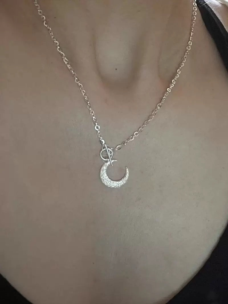 S925 Sterling Silver Sparkle Sand Moon OT Clasp Necklace, Made of Solid S925 Silver