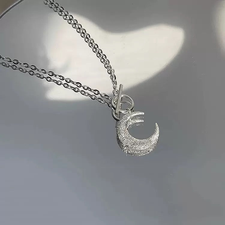 S925 Sterling Silver Sparkle Sand Moon OT Clasp Necklace, Made of Solid S925 Silver
