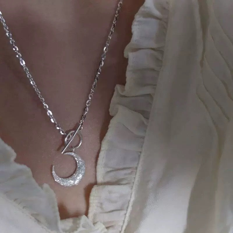 S925 Sterling Silver Sparkle Sand Moon OT Clasp Necklace, Made of Solid S925 Silver