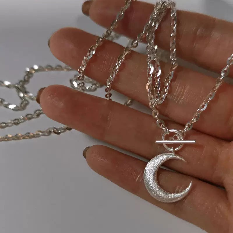 S925 Sterling Silver Sparkle Sand Moon OT Clasp Necklace, Made of Solid S925 Silver