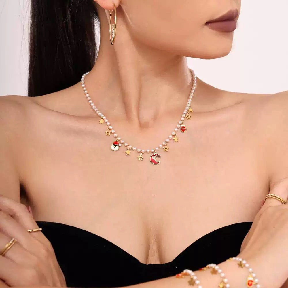 Santa Claus Pendant Imitation Pearl Necklace and Bracelet Holiday Gift Set