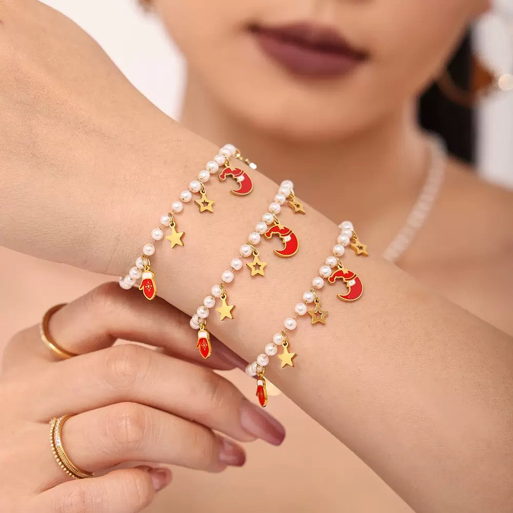 Santa Claus Pendant Imitation Pearl Necklace and Bracelet Holiday Gift Set