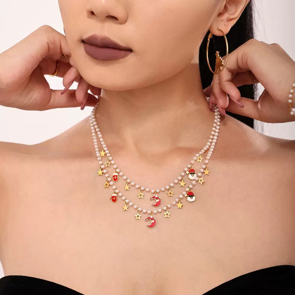 Santa Claus Pendant Imitation Pearl Necklace and Bracelet Holiday Gift Set