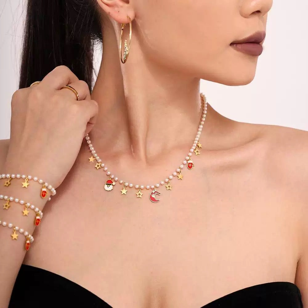 Santa Claus Pendant Imitation Pearl Necklace and Bracelet Holiday Gift Set