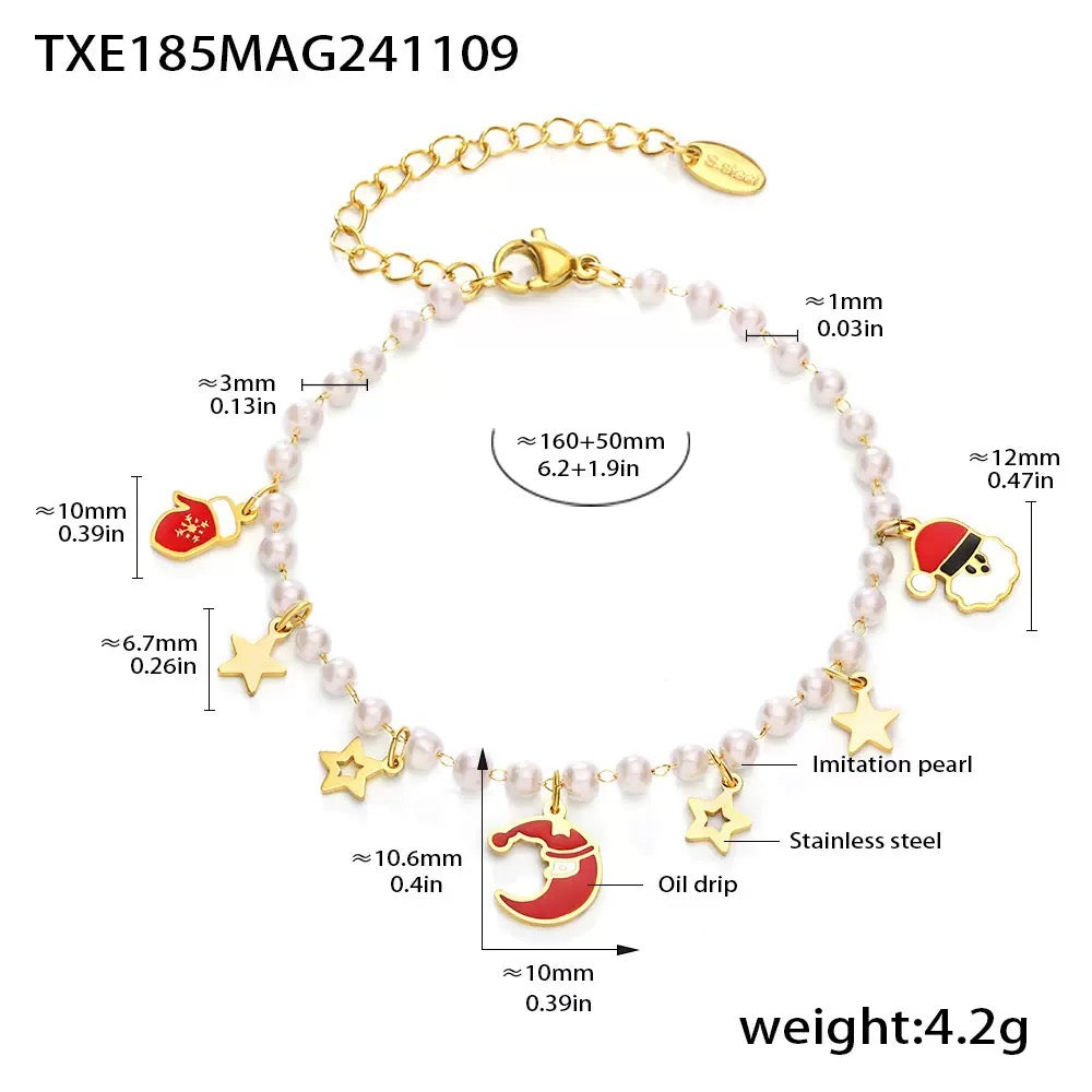 Santa Claus Pendant Imitation Pearl Necklace and Bracelet Holiday Gift Set