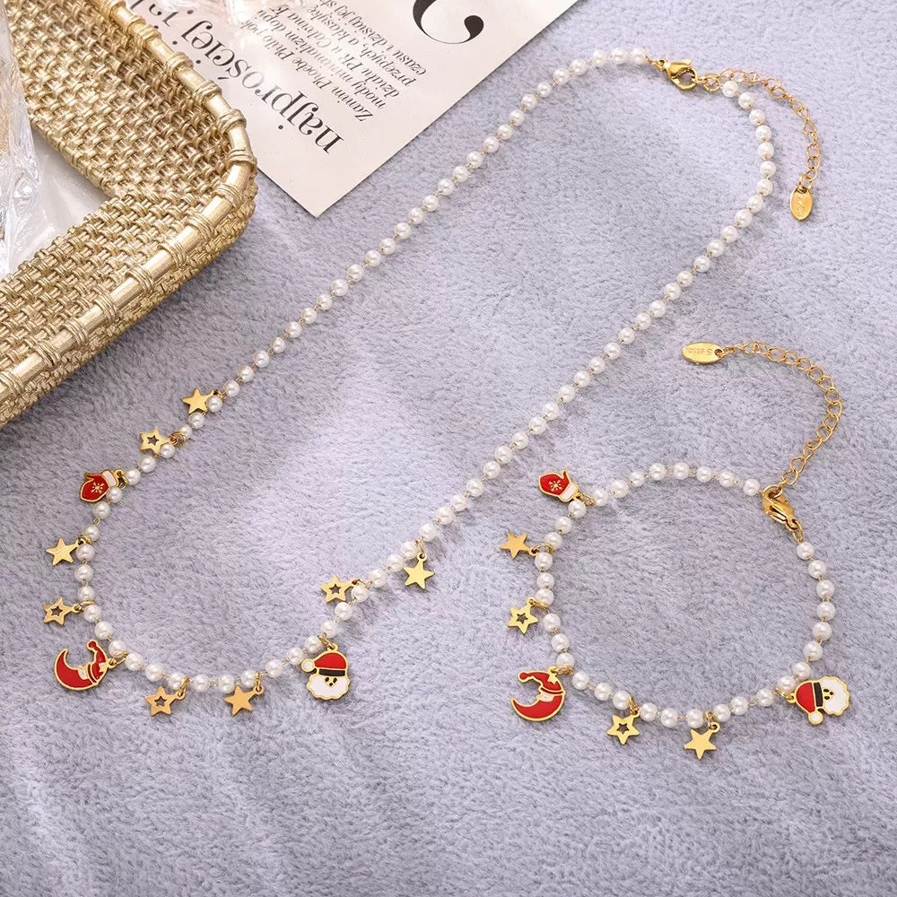Santa Claus Pendant Imitation Pearl Necklace and Bracelet Holiday Gift Set