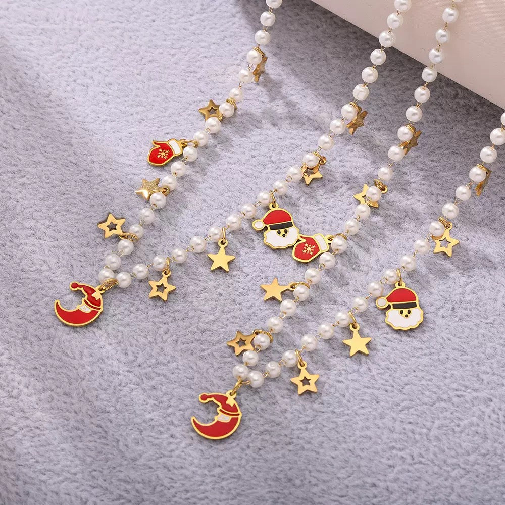 Santa Claus Pendant Imitation Pearl Necklace and Bracelet Holiday Gift Set